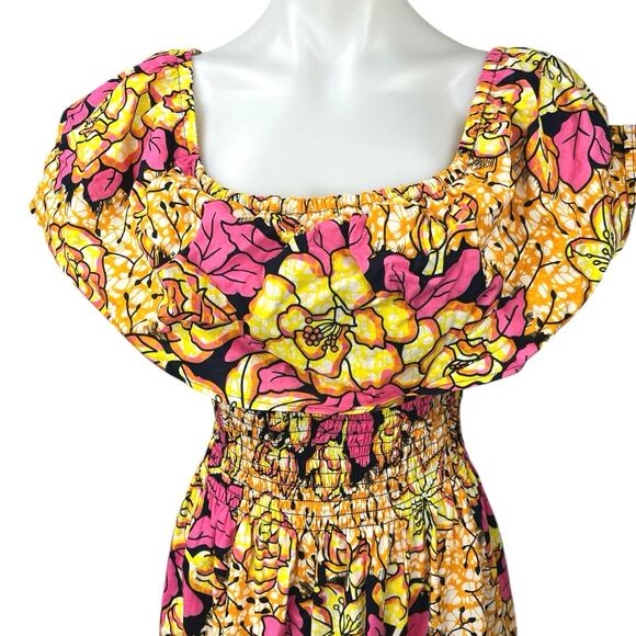 Marine Women's Yellow Pink Floral Tropical Smocked Waist A Line Maxi Dress Sz L - Picture 3 of 4